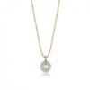 El COLLAR SUNFIELD CL061194 es un collar de plata de ley 925 con circonitas talla brillante. Su diseño muestra una piedra natural (cuarzo rosa o calcedonia) engastada a mano con un diámetro total de 8mm. La cadena es de plata con un baño de oro rosa 18k.