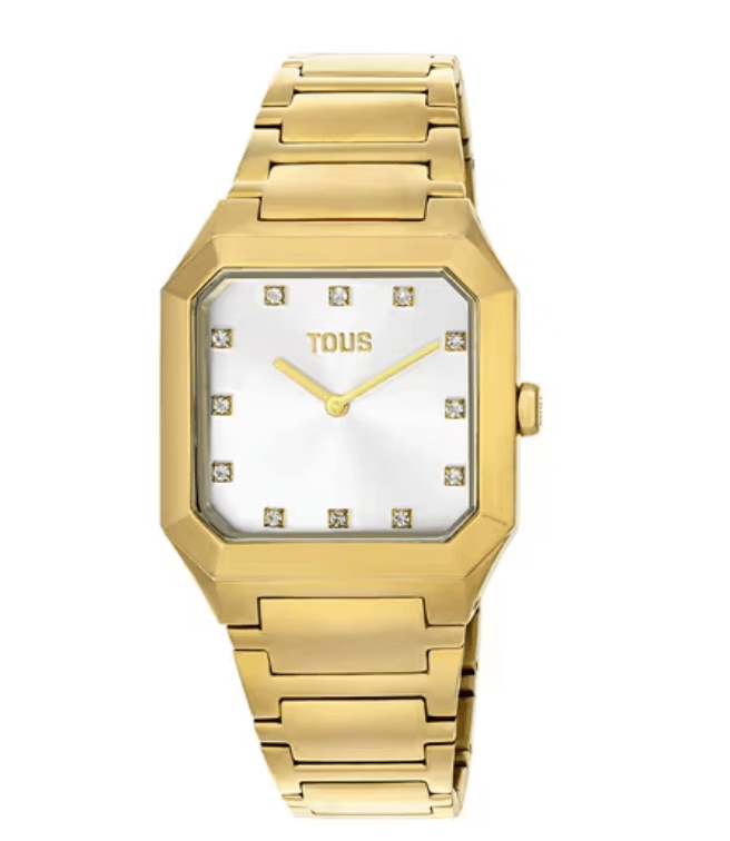TOUS KARAT Inspirado en las tallas de las gemas preciosa, se unen en diseño de reloj analógico de caja redonda con brazalete de acero IPG dorado,