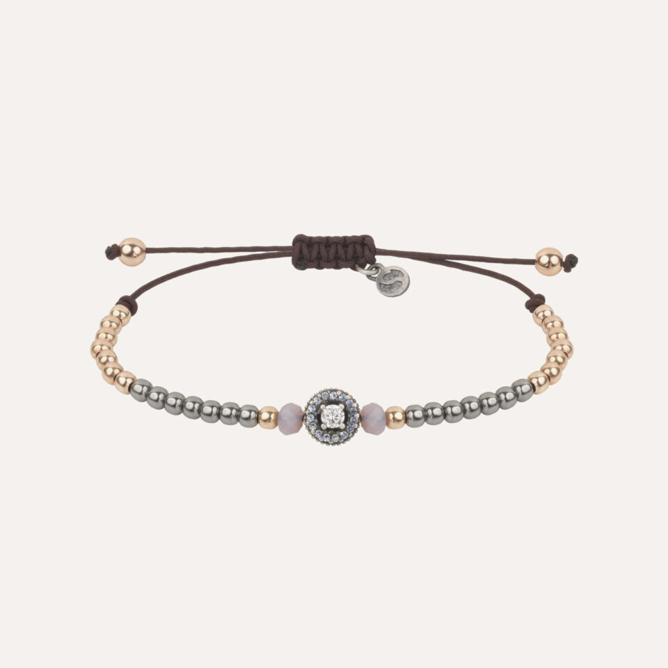 Pulsera SUNFIELD PU064050 tiene  un motivo con circonitas de color. unas bolas de plata de 3mm. con algún detalle de plata chapada en oro rosa 18k.