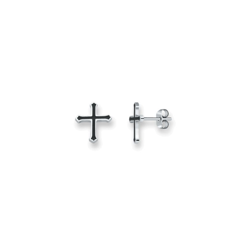 Pendientes Rochet Kingdom en acero. El diámetro de los pendientes de 8mm. y la parte central esta compuesto con esmalte negro.