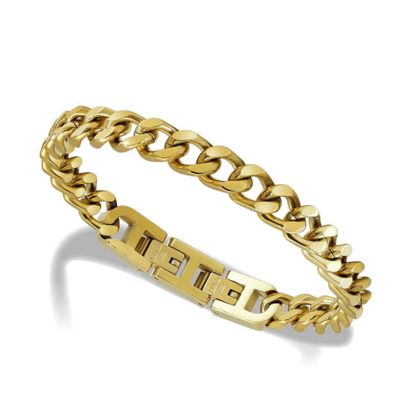Pulsera Rochet DANDY en acero chapado de oro 18kt. eslabón clásico que ser repite para completar los 21cm. cierre ajustable en 2 posiciones.