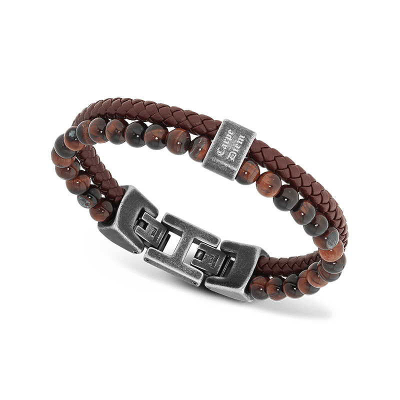 La pulsera Rochet KARMA HB562207 las buenas vibraciones con esta pulsera Karma de cuero trenzado y sus cuentas en diferentes minerales.