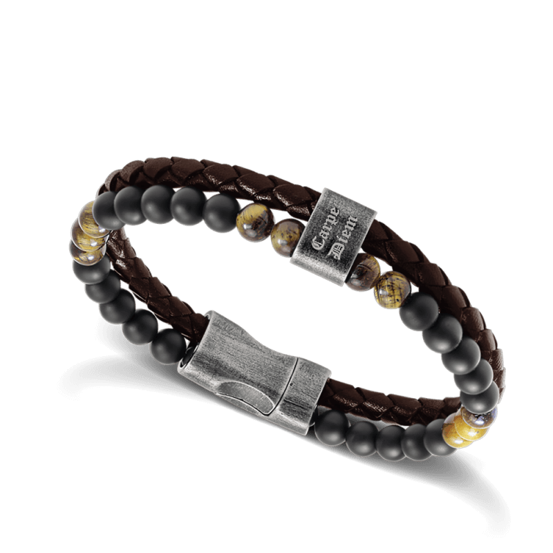 La pulsera Rochet KARMA HB562203 las buenas vibraciones con esta pulsera Karma de cuero trenzado y sus cuentas en diferentes minerales.