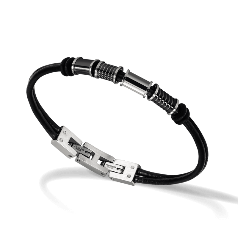 Pulsera Rochet Mercury con dos hilos de cuero y unos motivos centrales de acero con diferentes texturas. cierre de acero.