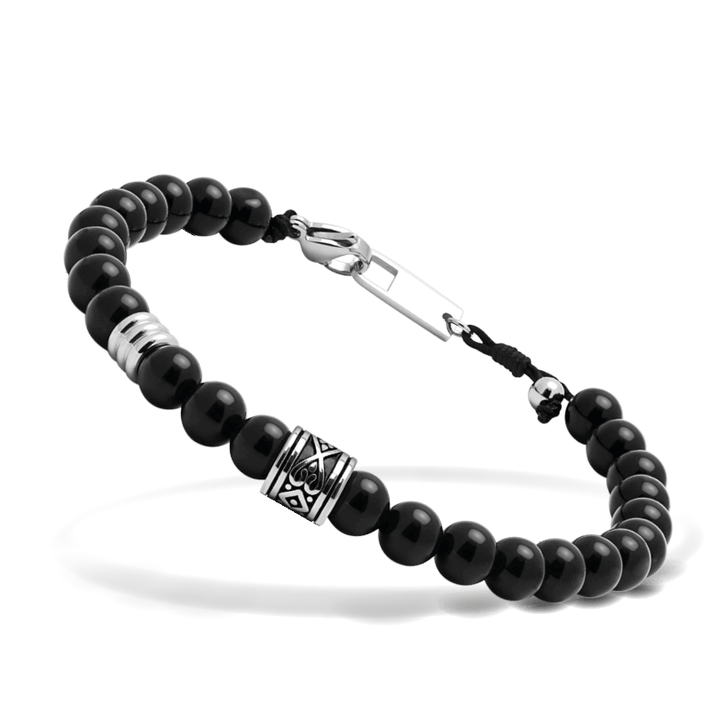 Pulsera Rochet talisman con cuentas de mineral y motivos centrales de acero. cierre mosquetón de acero.