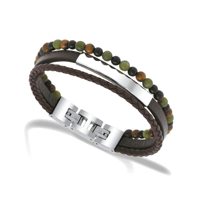 Pulsera Rochet YALE HB6608 para hombre contiene la combinación perfecta entre piedras naturales, piezas de acero y elementos de cuero marrón.