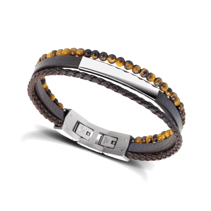Esta pulsera YALE Brown para hombre contiene la combinación perfecta entre piedras naturales de ojo de tigre, piezas de acero y elementos de cuero marrón.