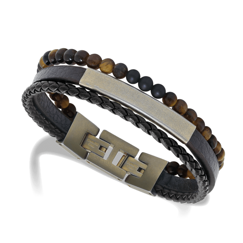 Pulsera Rochet YALE HB6609 para hombre contiene la combinación perfecta entre piedras naturales, piezas de acero y elementos de cuero marrón.