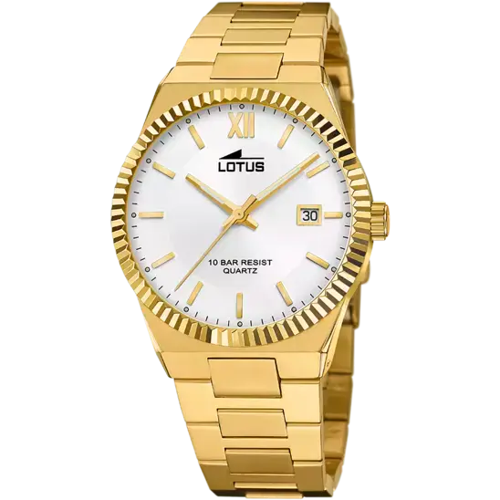 El reloj Lotus 18837 es una pieza impresionante con su caja de acero en acabado chapado oro 18kt. y cristal mineral, apto para cualquier ocasión.