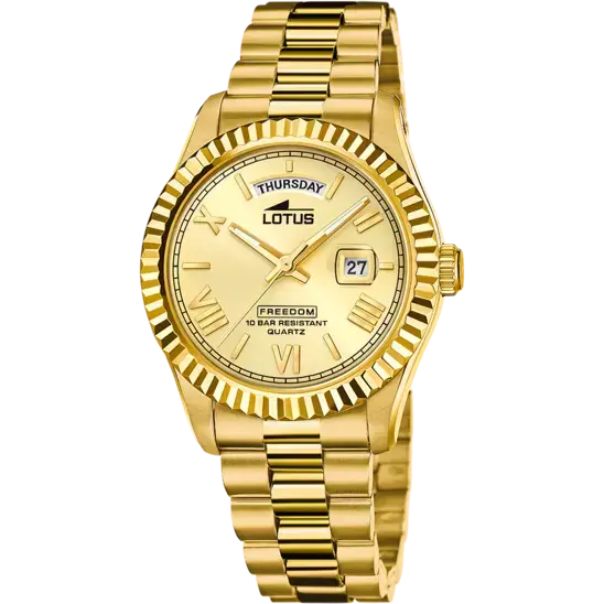 El reloj Lotus 18837 es una pieza impresionante con su caja de acero en acabado chapado oro 18kt. y cristal mineral, apto para cualquier ocasión.