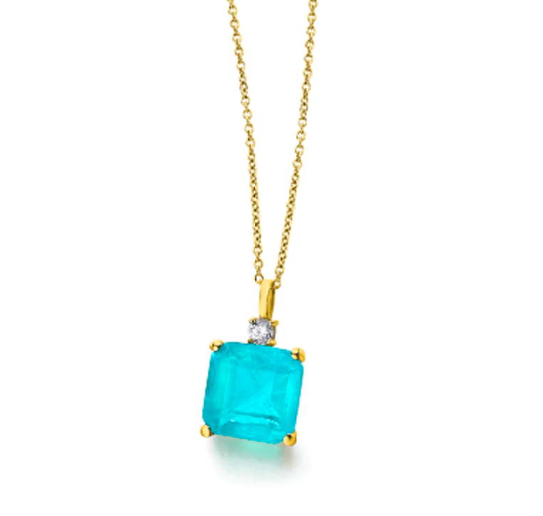 Collar Lecarré GA138OA, de oro amarillo de 18k. lleva engastado a mano con 4 garras un zafiro azul, y en la parte superior un topacio blanco.