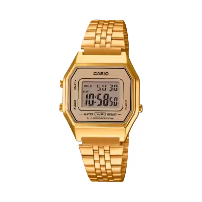 El modelo CASIO LA680WEGA-9ER es un reloj con toque retro, pequeño e indispensable en tu armario, ya que con su color dorado y caja de color dorado.