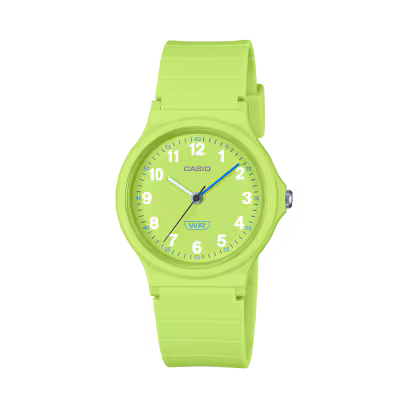 El modelo CASIO LQ-24B-3BEF es un reloj con toque retro, analógico y atrevido, por su correa y caja toda de plástico de color a juego.