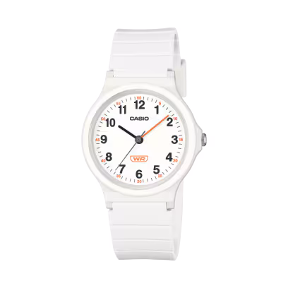 El modelo CASIO LQ-24B-7BEF es un reloj con toque retro, analógico y atrevido, por su cadena y caja toda de plástico color blanco.