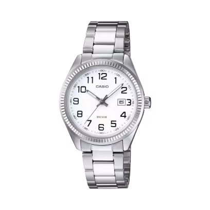 El modelo CASIO MTP-1302PD-7BVEF es un reloj con toque retro, analógico y atrevido, por su cadena de acero y esfera de color blanco.
