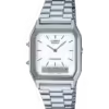El modelo CASIO AQ-230A-7DMQYES es un reloj con toque retro, analógico y digital, ya que con su color plateado y esfera de color blanco.