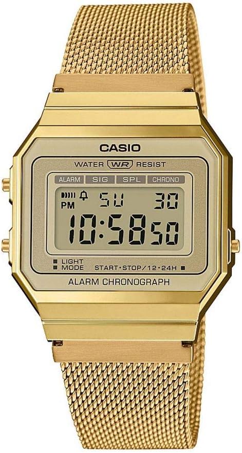 El modelo CASIO A700WEMG-9AEF es un reloj con toque retro e indispensable en tu armario, ya que con su color dorado y caja de color dorada.