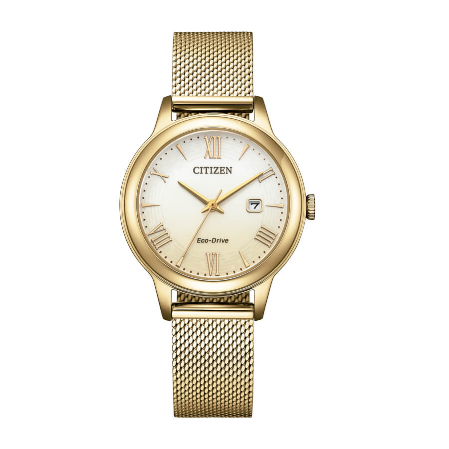 El modelo Citizen Lady Dress EW2623-70P es un reloj para mujer con movimiento eco-drive con un toque de color en la esfera.