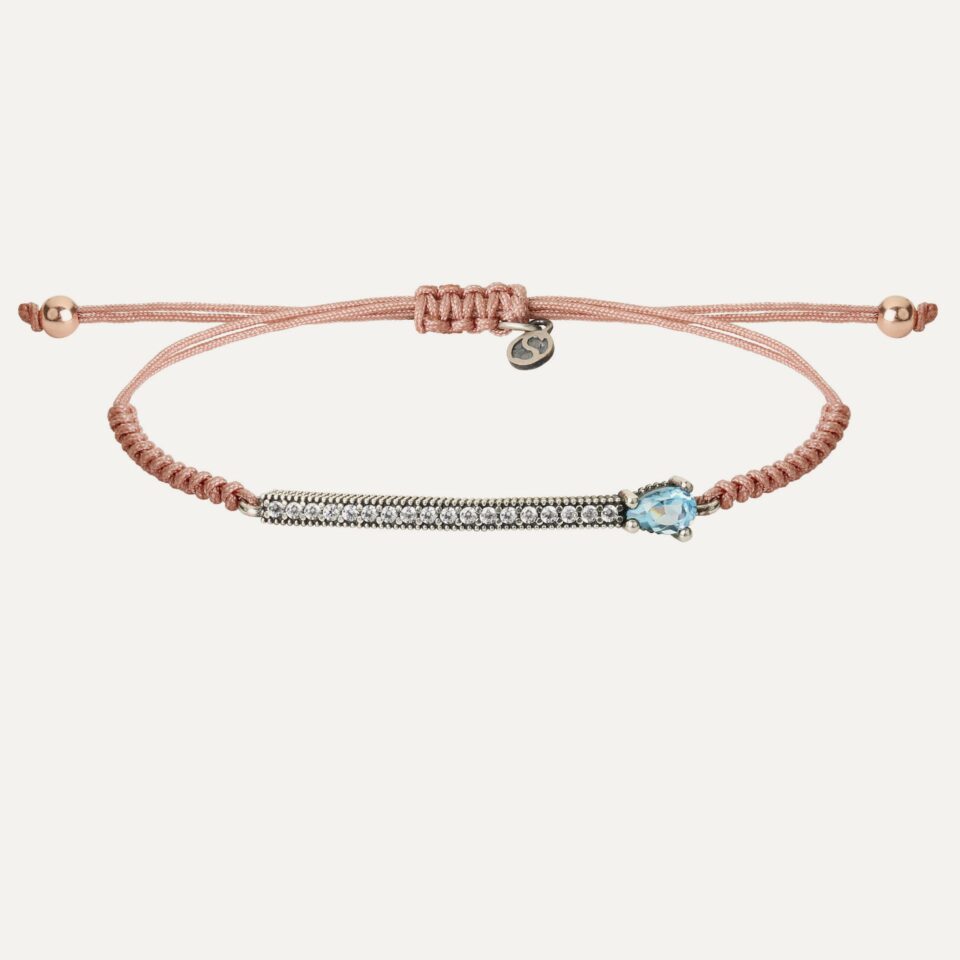 Pulsera SUNFIELD PU064685  de plata de ley con acabado envejecido y circonitas blancas en talla brillante clavadas a mano, rematada con un cabujón aguamarina facetado tallado en forma de gota.