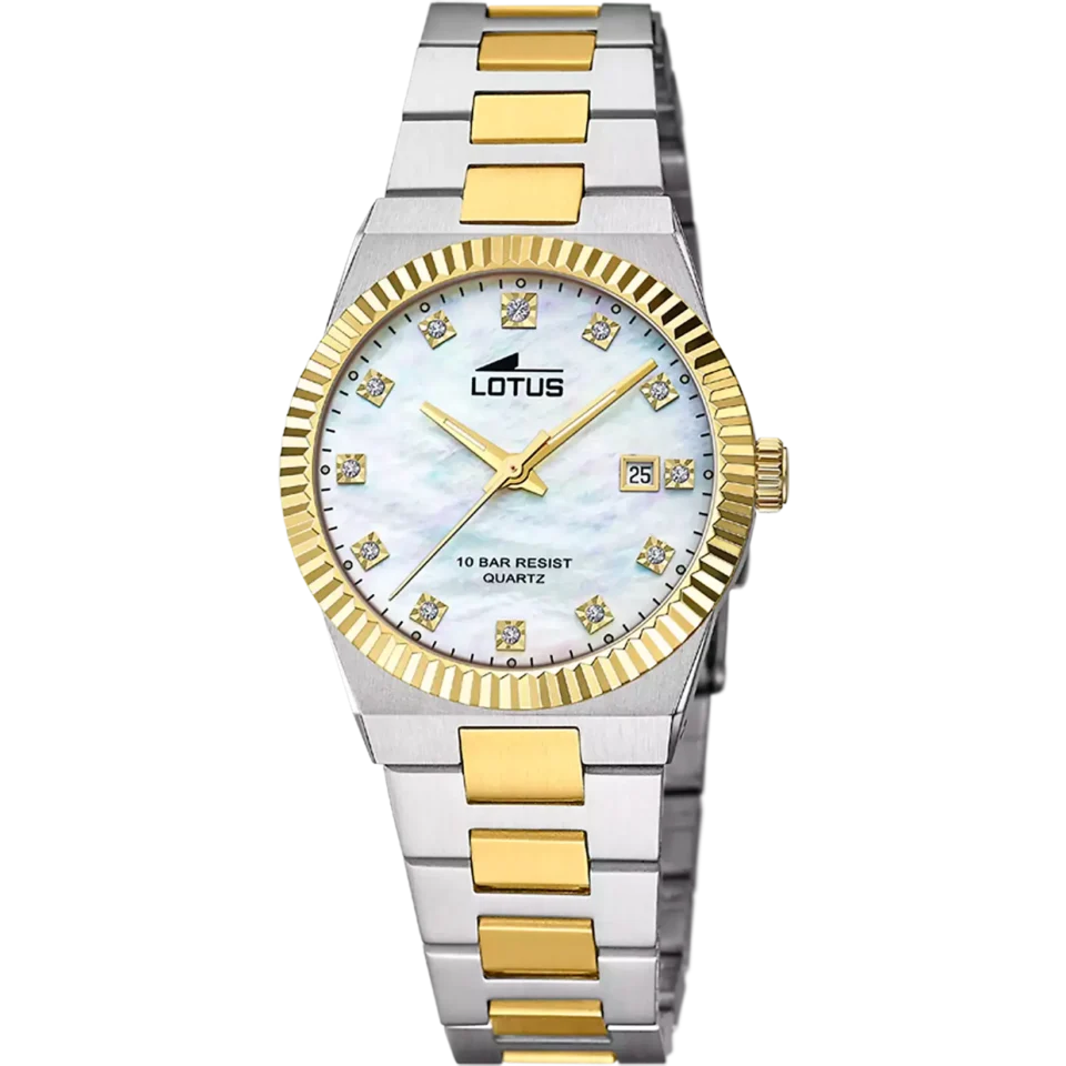 El LOTUS 18839 es un reloj mujer con caja y cadena de acero mixto combinando chapado en oro 18kt.. Es un diseño que prima la elegancia, con su esfera e indices con circonitas y su bisel estriado. 