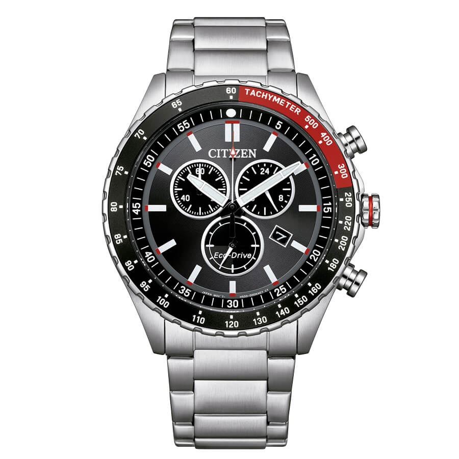 El Citizen Chrono Sporty AT2566-88E destaca por su bisel taquímetro en dos tonos, rojo y negro adornada de números creando ese efecto deportivo.