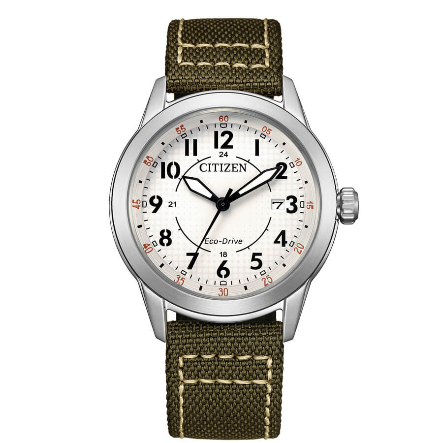 El reloj Citizen Urban AW1870-08A destaca por su aire urbano con su correa de nylon de color verde para dar un aire deportivo