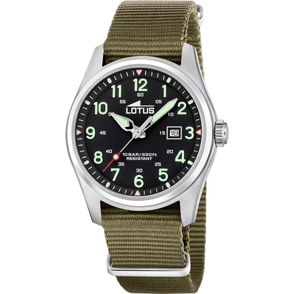 El reloj Lotus 19055 es una pieza impresionante con su caja de acero y cristal mineral, y su correa de nylon, apto para cualquier ocasión.