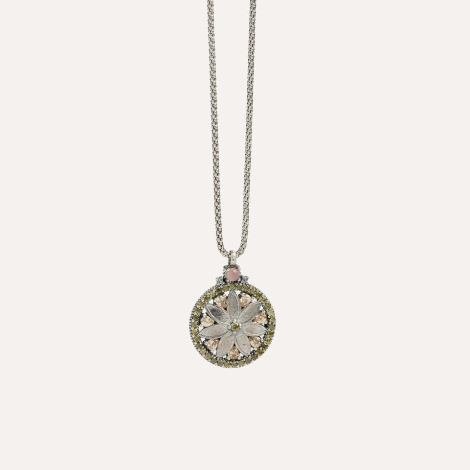 COLLAR SUNFIELD CL067600 es de plata con circonitas talla brillante. muestra una piedra natural (cuarzo rosa) creando forma de circunferencia