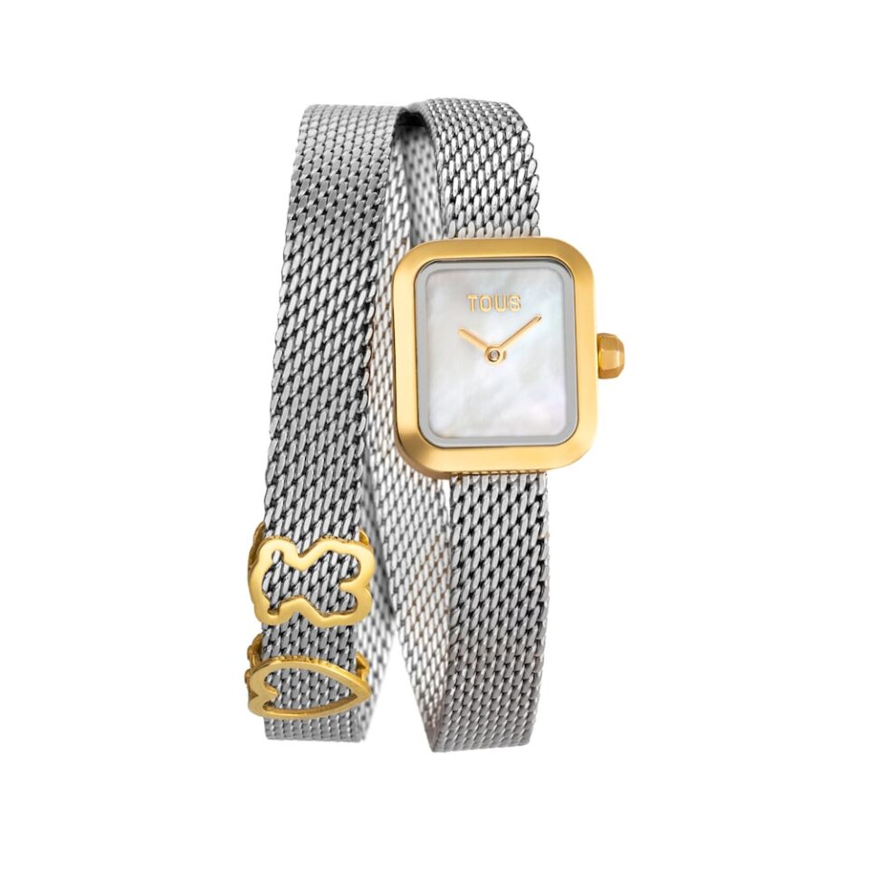 TOUS ICON CHARMS reloj de caja cuadrada con brazalete MESH COMBINADO de acero IPG dorado y acero, esfera color claro con indices a juego con el bisel.
