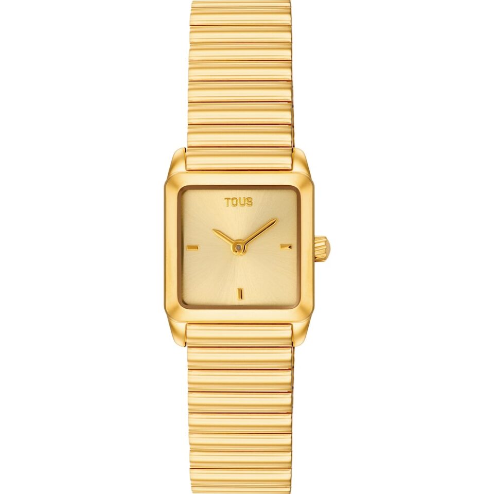 TOUS 1950 mini reloj de caja cuadrada con brazaletE de IPG dorado, con esfera color claro con indices a juego con el bisel.