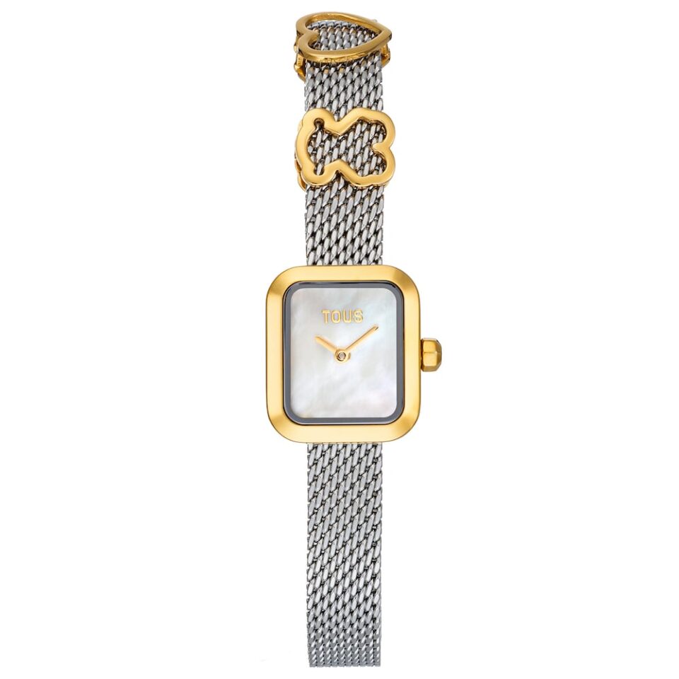 TOUS ICON CHARMS reloj de caja cuadrada con brazalete MESH COMBINADO de acero IPG dorado y acero, esfera color claro con indices a juego con el bisel.