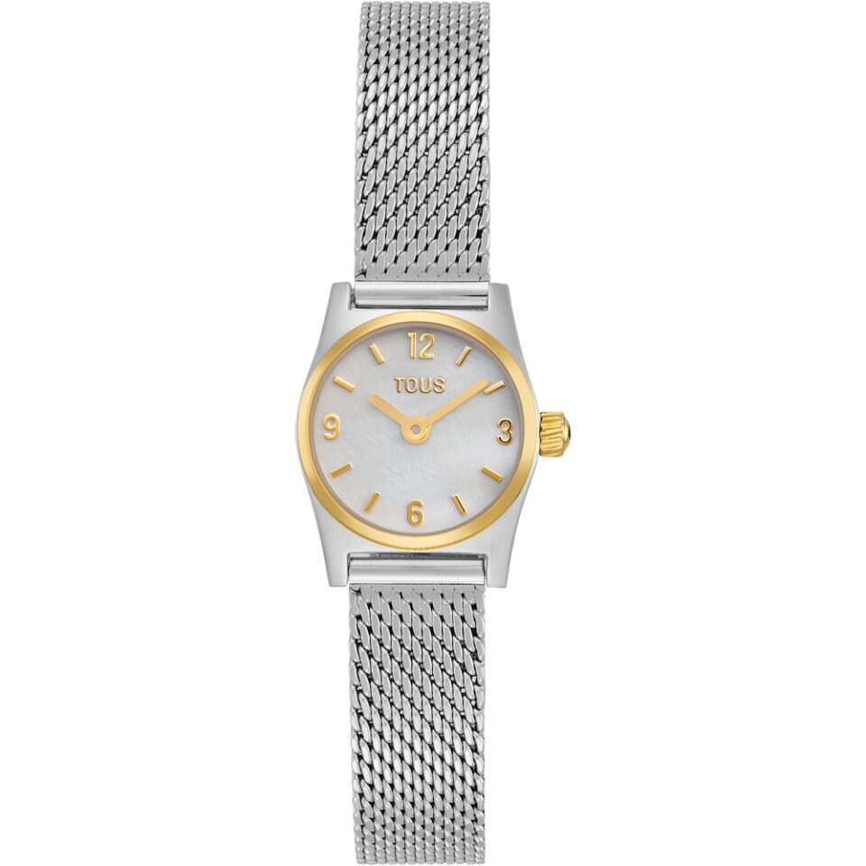 TOUS EPIC ICON MESH reloj de caja redonda con brazalete combinado de acero IPG dorado y acero, esfera color claro con indices a juego con el bisel.