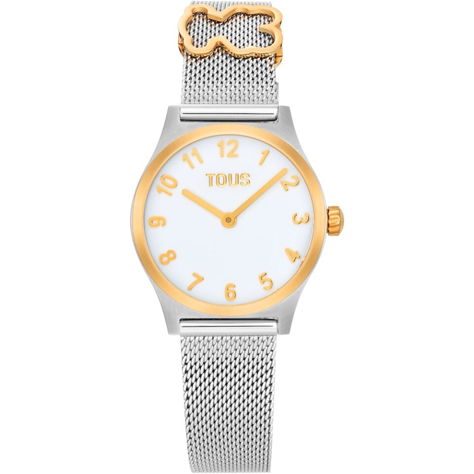 TOUS EPIC ICON KDT reloj de caja redonda con brazalete combinado de acero IPG dorado y acero, esfera color claro con indices a juego con el bisel.
