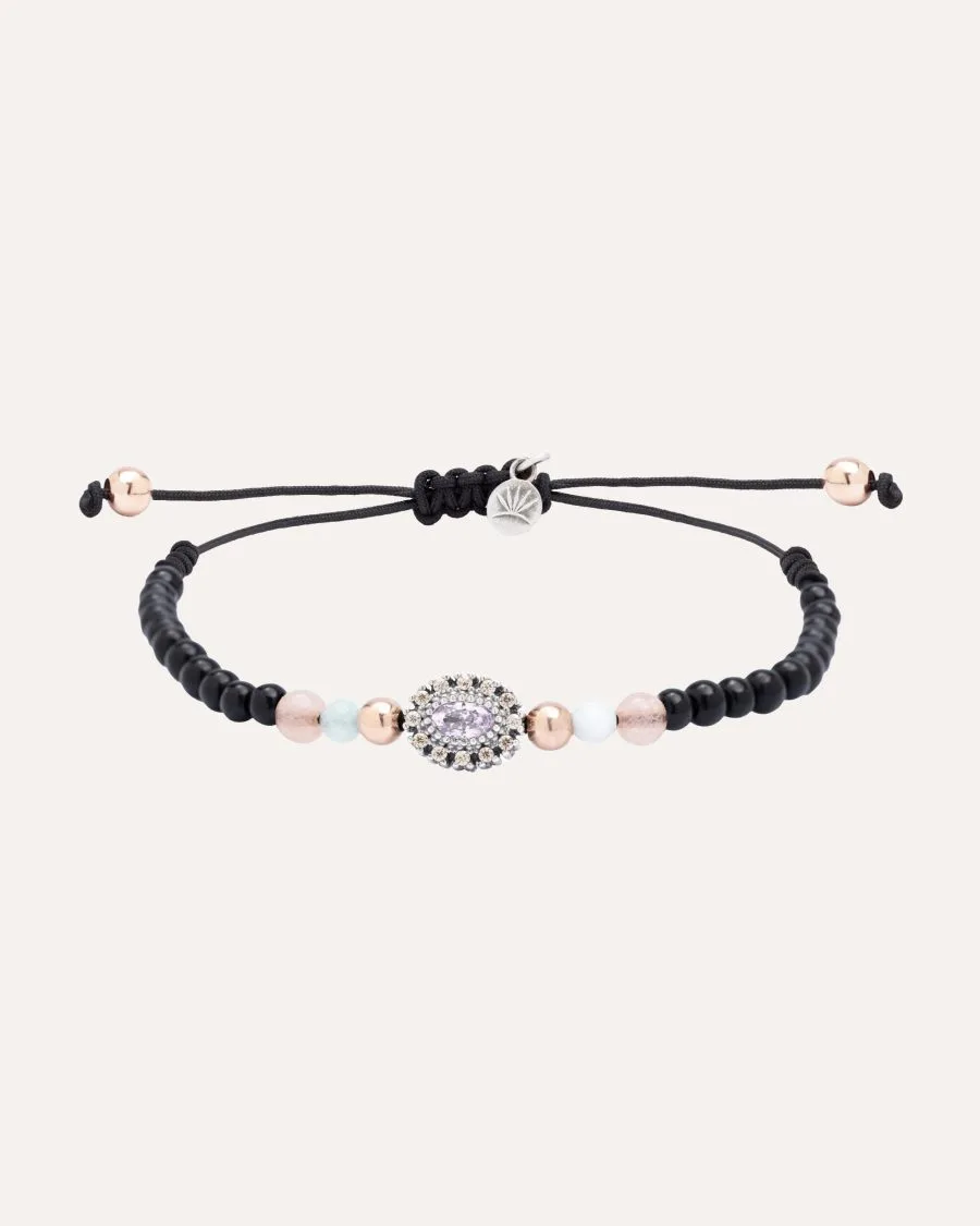 Pulsera SUNFIELD PU068480 tiene  un motivo con circonitas de. unas cuentas de cristal de 3mm. con algún detalle de plata chapada en oro rosa 18k.