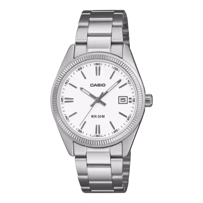 El modelo CASIO UTP-1302PD-2A1VEF es un reloj con toque retro, analógico y atrevido, por su cadena de acero y caja de color azul.