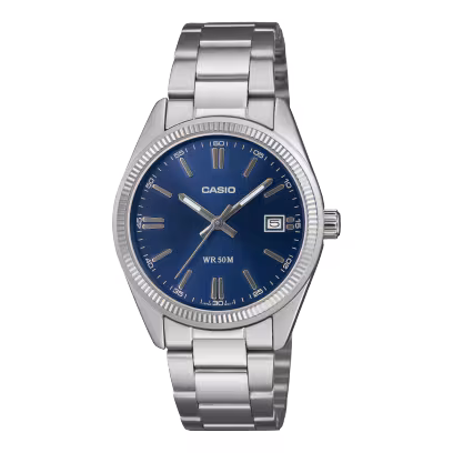 El modelo CASIO UTP-1302PD-2A1VEF es un reloj con toque retro, analógico y atrevido, por su cadena de acero y caja de color azul.