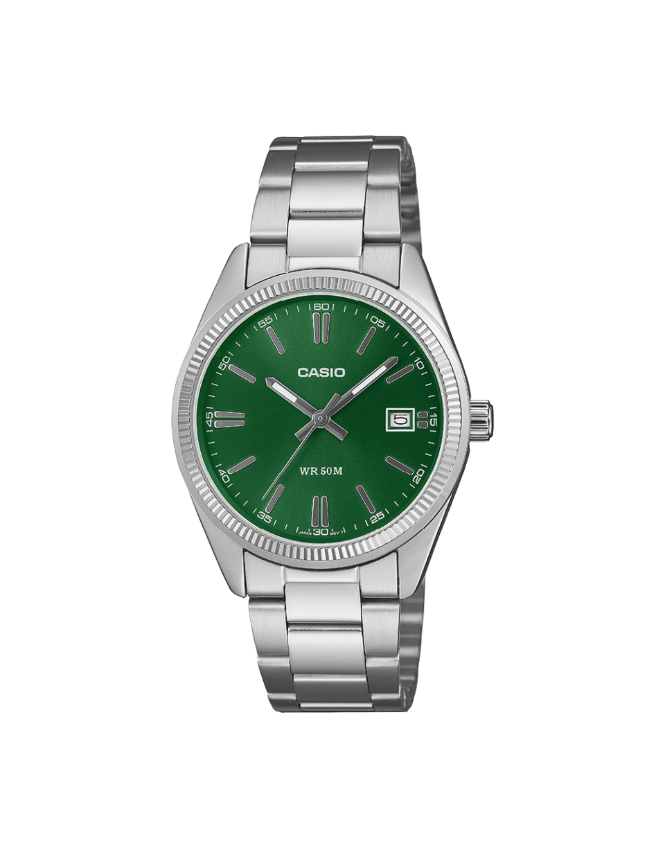 El modelo CASIO UTP-1302PD-3A1VEF es un reloj con toque retro, analógico y atrevido, por su cadena de acero y caja de color verde