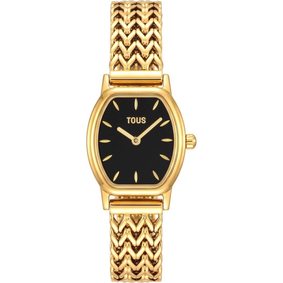Inspirado en el estilo retro, joyería y relojería se unen en nuestro diseño de reloj analógico de caja con forma tonel con brazalete de acero IPG dorado