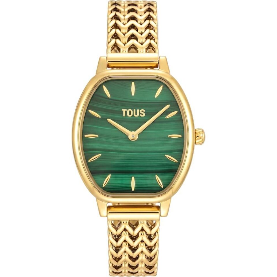 Inspirado en el estilo retro, joyería y relojería se unen en nuestro diseño de reloj analógico de caja con forma tonel con brazalete de acero IPG dorado