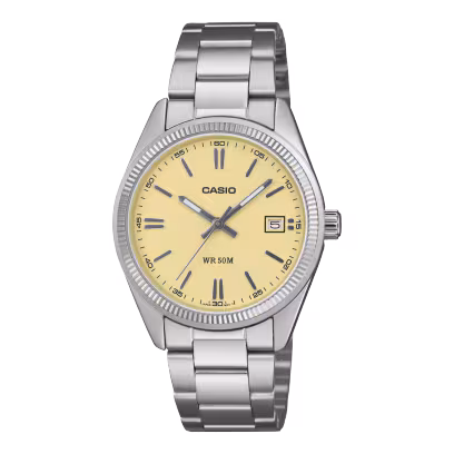El modelo CASIO UTP-1302PD-9AVEF es un reloj con toque retro, analógico y atrevido, por su cadena de acero y esfera de color crema.